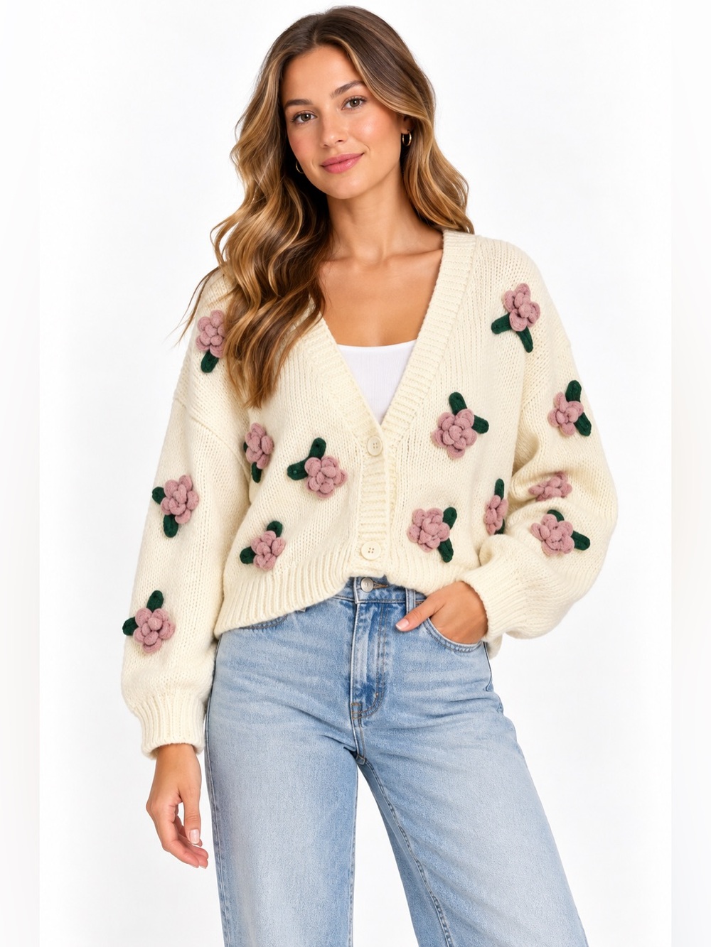 Luna Ivy Womens S Cream Chunky Knit Cardigan Pink 3D Floral Applique Cottagecore
